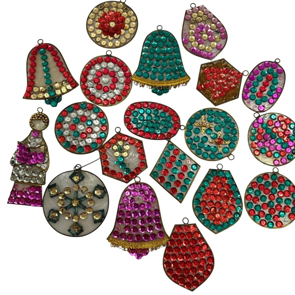 Vintage Sequin Capiz Shell Christmas Ornaments Lot 18pc Retro MCM Bells Angel
